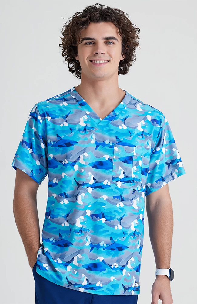 Skechers Men's V-Neck Wild Tide Print Scrub Top 3 Skechers Men's V-Neck Wild Tide Print Scrub Top