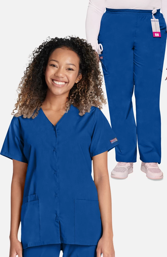 Women's Snap Front Solid Scrub Top & Elastic Waistband Cargo Sc 3 Women's Snap Front Solid Scrub Top & Elastic Waistband Cargo Sc