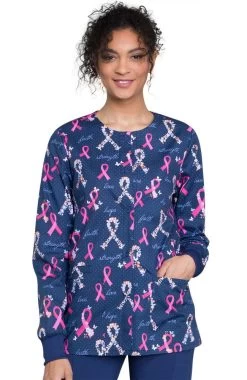 Cherokee Clearance Women's Snap Front Pink Ribbon Print Scrub Jacket