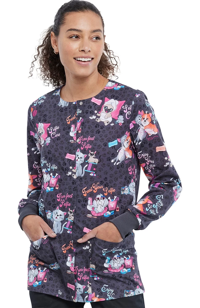 Cherokee Clearance Women's Selfie Care Print Scrub Jacket 3 Cherokee Clearance Women's Selfie Care Print Scrub Jacket