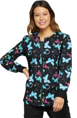 Cherokee Clearance Women's Zip Front Knit Panel Butterfly Print Scrub Jacket