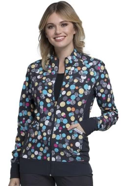 Cherokee Clearance Women's Zip Front Warm-Up Polka Dot Print Scrub Jacket