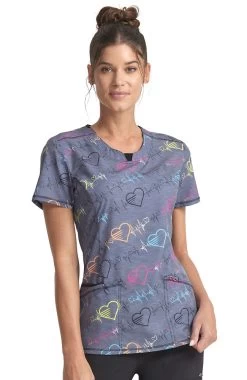 Cherokee Women's Round Neck Pop Beats Print Scrub Top
