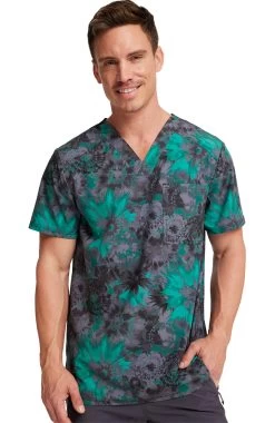 Cherokee Men's Texture Burst Print Scrub Top