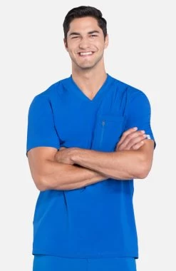 Cherokee Men's V-Neck Knit Panel Solid Scrub Top