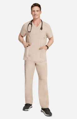 Cherokee Men's V-Neck Solid Scrub Top & Zip Fly Cargo Scrub Pant Set