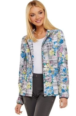 Clearance Women's Zip Front Warm-Up Plaid Print Scrub Jacket