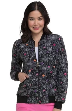 Clearance Women's Halloween Heart Print Bomber Scrub Jacket