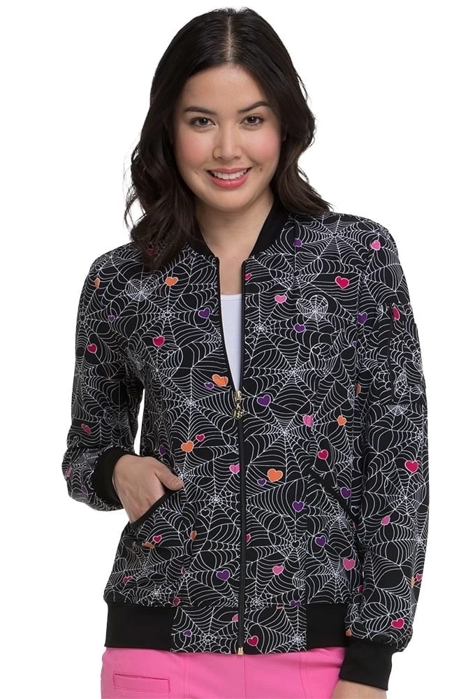 Clearance Women's Halloween Heart Print Bomber Scrub Jacket 3 Clearance Women's Halloween Heart Print Bomber Scrub Jacket