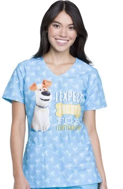 Cherokee Clearance Women's V-Neck Secret Life Of Pets Print Scrub Top