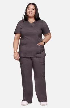 Women's Mock Wrap Solid Scrub Top & Drawstring Flare Scrub