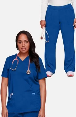 Women's V-Neck Solid Scrub Top & Elastic Waistband Scrub Pant