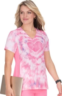 Women's Reform Ombre Tie Dye Hearts Print Scrub Top