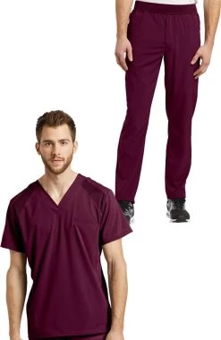 Men's V-Neck Solid Scrub Top & Mesh Waist Stretch Scrub Pant Set