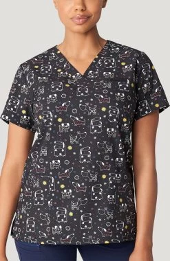 Women's V-Neck Puppy Playdate Print Scrub Top