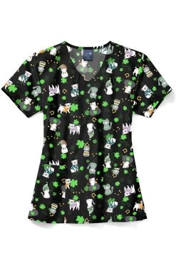 Women's V-Neck Happy Go Lucky Print Scrub Top