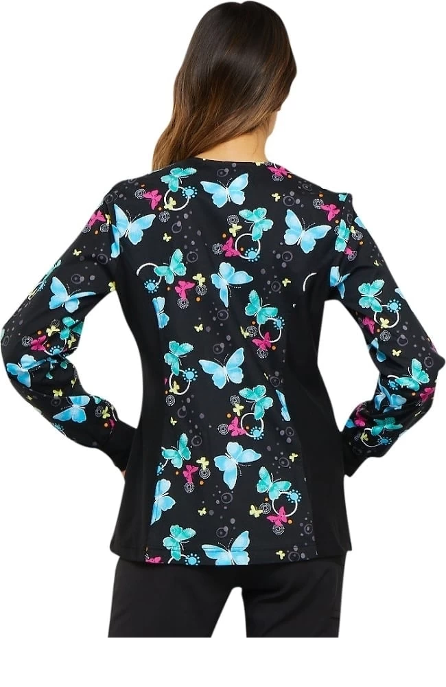Cherokee Clearance Women's Zip Front Knit Panel Butterfly Print Scrub Jacket 4 Cherokee Clearance Women's Zip Front Knit Panel Butterfly Print Scrub Jacket - Image 2