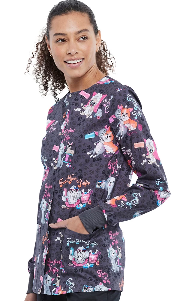 Cherokee Clearance Women's Selfie Care Print Scrub Jacket 5 Cherokee Clearance Women's Selfie Care Print Scrub Jacket - Image 3
