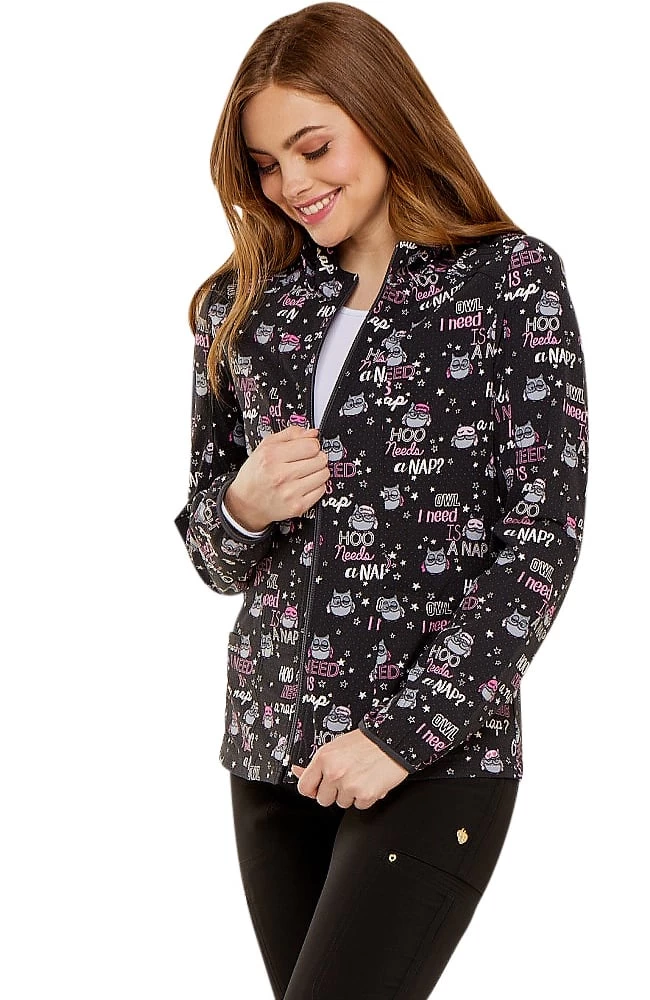 Clearance Women's Zip Front Warm-Up Owl Print Scrub Jacket 5 Clearance Women's Zip Front Warm-Up Owl Print Scrub Jacket - Image 3