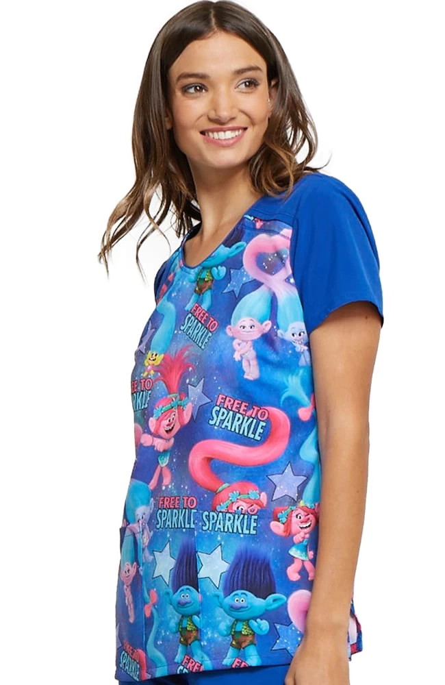 Cherokee Clearance Women's V-Neck Trolls Print Scrub Top 5 Cherokee Clearance Women's V-Neck Trolls Print Scrub Top - Image 3