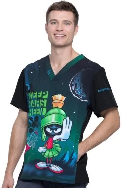 Cherokee Clearance Men's V-Neck Keep Mars Green Print Scrub Top -Medical Nurse Clothing Shop 3 ck tf708 printclearance 650 3