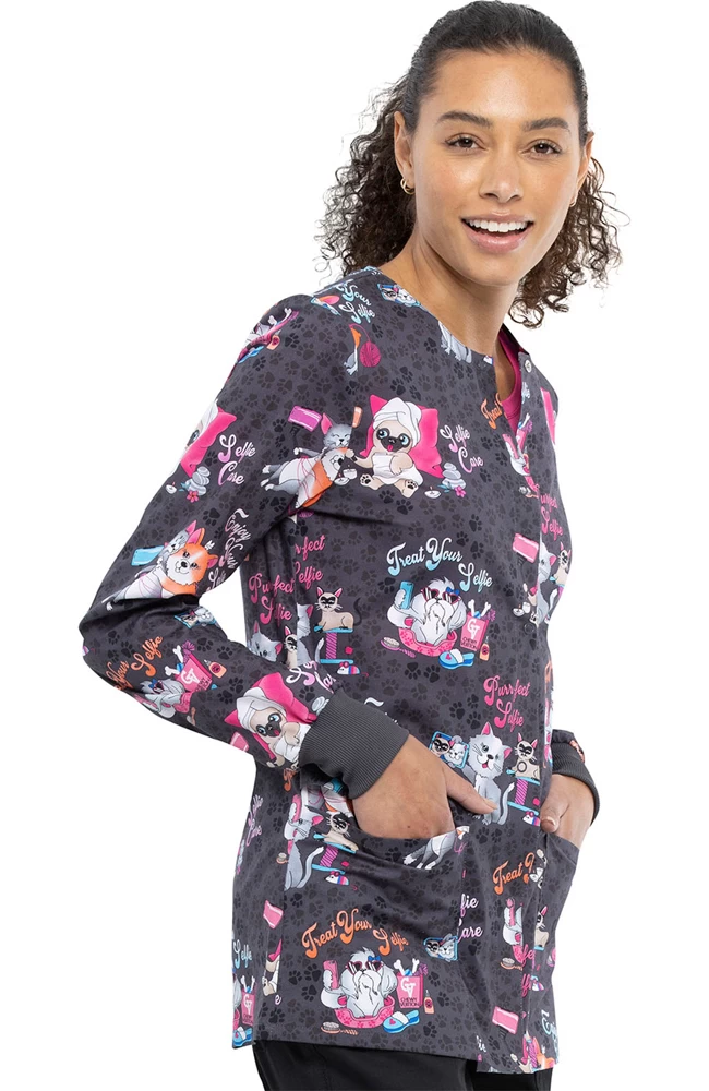 Cherokee Clearance Women's Selfie Care Print Scrub Jacket 6 Cherokee Clearance Women's Selfie Care Print Scrub Jacket - Image 4