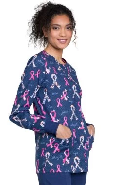 Cherokee Clearance Women's Snap Front Pink Ribbon Print Scrub Jacket -Medical Nurse Clothing Shop 4 ck ck301 printclearance 650