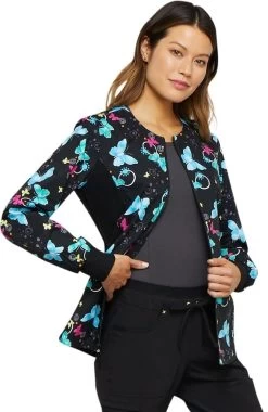 Cherokee Clearance Women's Zip Front Knit Panel Butterfly Print Scrub Jacket 9 Cherokee Clearance Women's Zip Front Knit Panel Butterfly Print Scrub Jacket -Medical Nurse Clothing Shop 4 ck ck307 printclearance 650
