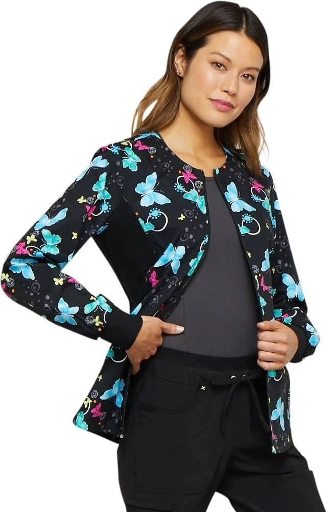 Cherokee Clearance Women's Zip Front Knit Panel Butterfly Print Scrub Jacket 6 Cherokee Clearance Women's Zip Front Knit Panel Butterfly Print Scrub Jacket - Image 4
