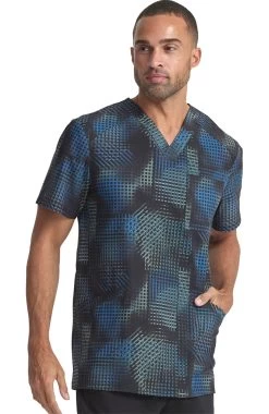 Cherokee Men's V-Neck Gradient Grid Print Scrub Top -Medical Nurse Clothing Shop 4 ck ck920 print 650