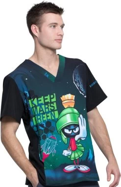 Cherokee Clearance Men's V-Neck Keep Mars Green Print Scrub Top -Medical Nurse Clothing Shop 4 ck tf708 printclearance 650 3